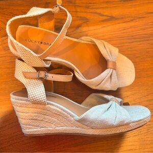 Lucky Brand Linen Bow Wedge Sandals Beige Ankle Strap  Size 8